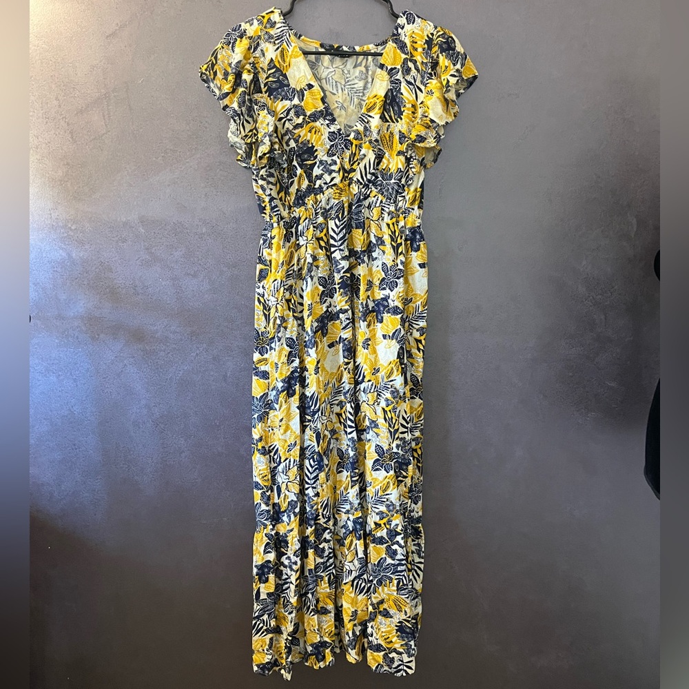 Elegant Floral Maxi Dress in Yellow and Blue